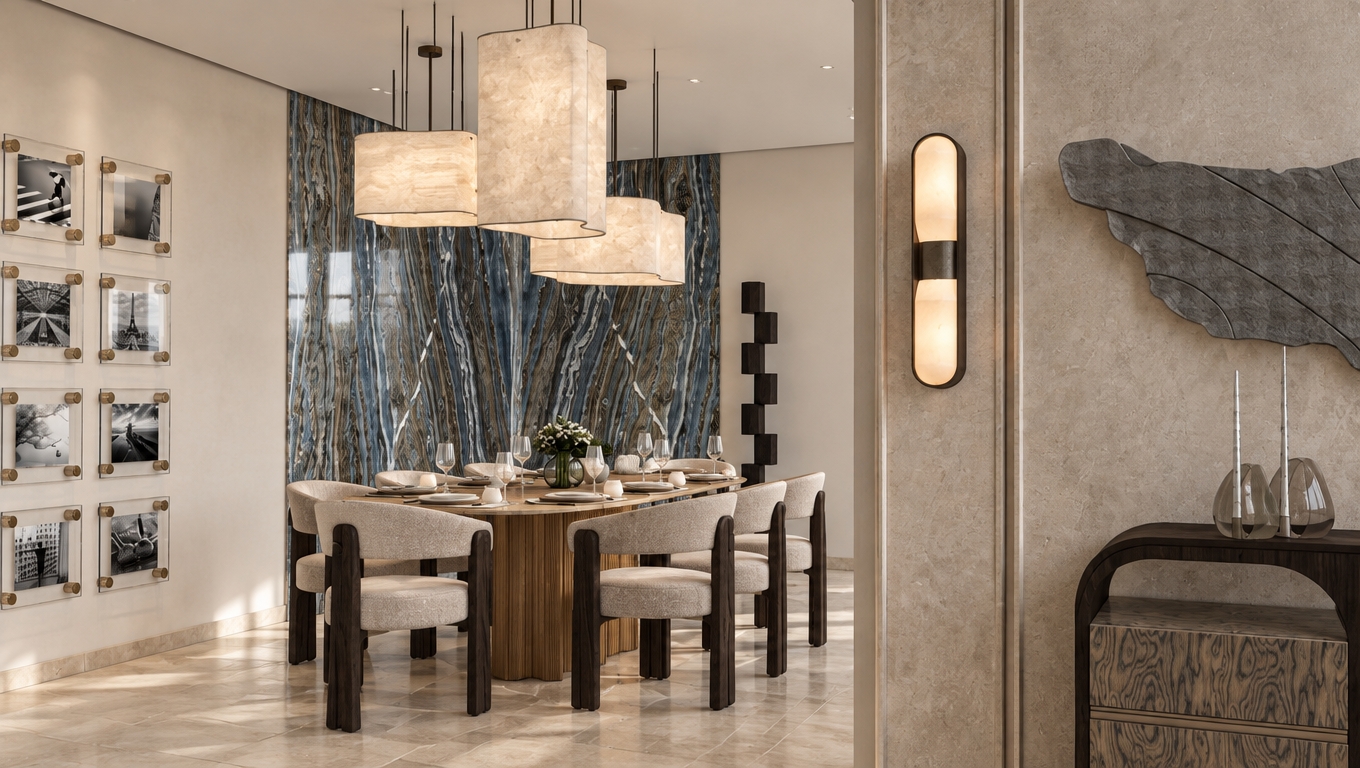 A crisp architectural photograph capturing the scene under bright, diffuse midday summer daylight balanced with the warm, soft glow from the hanging parchment pendants and wall sconce. Specular highlights accent the polished bookmatched blue marble feature wall, while realistic reflections play across the dining glassware and acrylic wall frames. Natural surface textures emerge throughout, including the tactile weave of the dining chair upholstery, subtle fluting on the wooden table base, and the matte, sandy finish of the micro-cement walls and limestone floors, rendered with sharp focus and balanced interior exposure.