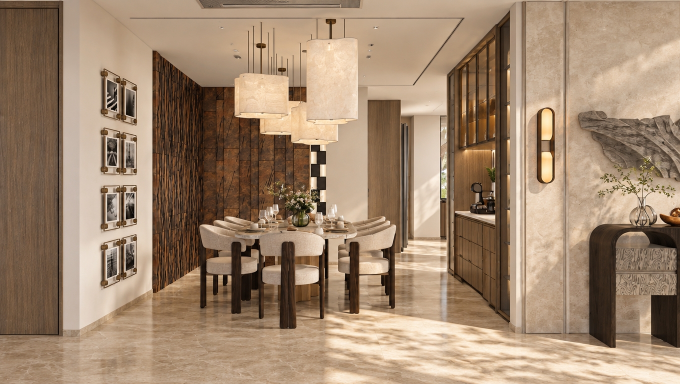A photorealistic architectural photograph of this dining interior bathed in bright, warm summer midday daylight. High-angle natural light softly illuminates the space, casting gentle shadows across the polished travertine tile floor. The scene features authentic material physics, highlighting the rich grain of the dark wood accent wall, smooth matte plaster, tactile linen upholstery, and delicate translucency in the hanging sculptural pendants. Crisp reflections gleam on the glassware, ceramic dinnerware, and framed photo glass, complemented by a warm accent glow from the modern wall sconce, captured cleanly with an architectural wide-angle lens.
