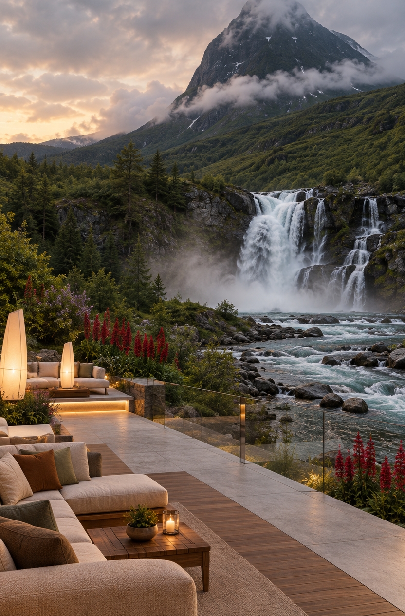 An incredibly lifelike, richly detailed, photorealistic wide-angle architectural landscape photograph of a luxurious outdoor patio and terrace set in a lush, verdant mountain valley overlooking a majestic waterfall. The scene is illuminated by the soft, diffused glow of early evening ambient light paired with the warm, inviting radiance of contemporary designer outdoor floor lamps, creating an intimate, serene, and sophisticated atmosphere. Captured with a professional full-frame camera using a 24-70mm f/2.8 lens at f/8, emphasizing the contrast between sleek, modern architectural finishes and the raw, untamed beauty of nature.
In the foreground, an impeccably designed contemporary terrace extends gracefully toward the riverbank. The patio features polished light-gray concrete pavers and warm teak wood decking, edged with minimalist frameless glass balustrades that provide an uninterrupted panoramic view. Modern, sculptural freestanding lamps cast a warm, golden illumination across low-profile outdoor lounge furniture upholstered in weather-resistant cream linen, adorned with muted earthy-toned throw pillows. Subtle LED strip lights tucked beneath floating bench seating and along stone steps gently trace the architectural contours.
Surrounding the refined patio, the natural landscape thrives with vibrant clusters of tall, crimson-red spire flowers, wild lilacs, and rich green shrubbery that seamlessly blend modern design with wild topography. Beyond the terrace, a crystal-clear, rock-strewn river meanders smoothly from the base of a sweeping, multi-tiered waterfall that cascades powerfully over dark stone ledges into a mist-shrouded pool. In the background, velvety emerald hills roll toward misty, towering mountains under a soft, overcast sky, epitomizing contemporary elegance in perfect harmony with dramatic nature.