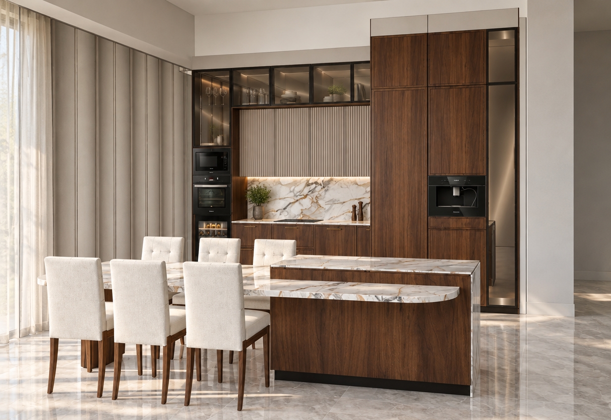 A real architectural interior photograph of this exact modern kitchen and dining space, preserving the precise composition, geometry, and placement of all elements. Soft natural daylight enters from the left, illuminating the rich matte grain of the dark walnut cabinetry, the fluted wall panels, and the subtle veining of the polished Calacatta marble countertops and backsplash. The white upholstered dining chairs show realistic fabric weave and gentle creasing, resting on polished pale marble tile flooring with soft, diffuse reflections. Smoked glass upper cabinets and integrated dark appliances display authentic micro-reflections and depth. Captured with a professional 35mm tilt-shift lens, the lighting creates natural ambient occlusions, balanced dynamic range, and faint lens falloff, rendering the scene as a crisp, tangible interior space.
