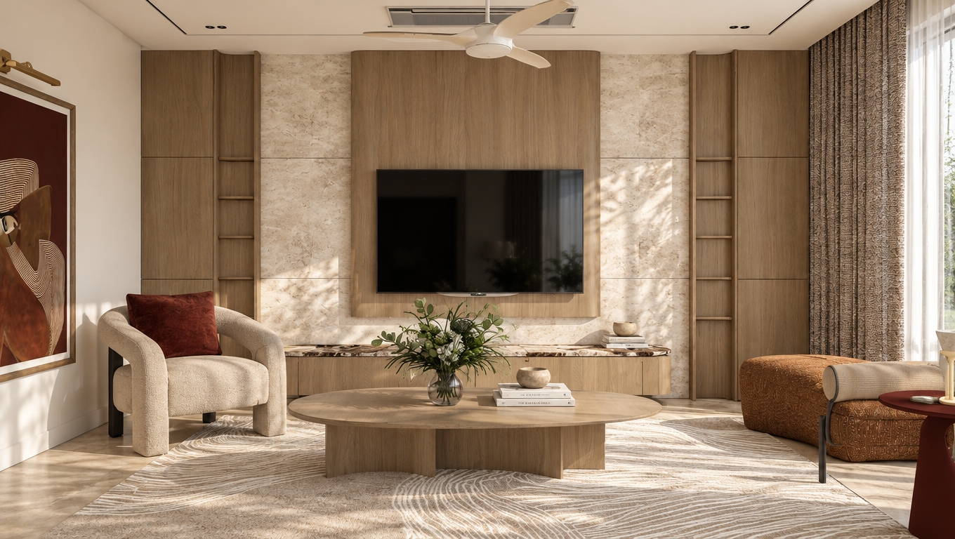 A high-resolution interior photograph of this modern living room bathed in bright, natural midday summer sunlight filtering softly from the right window. The scene features authentic material textures, including rich natural grain on the light oak wall paneling and coffee table, polished marble accents, woven upholstery on the armchairs, and soft fibers on the patterned rug. Shot with a 35mm lens at eye level, the lighting produces realistic soft ambient fill, high-key dynamic range, subtle ceiling shadows, and lifelike reflections across the dark television screen and glass vase.
