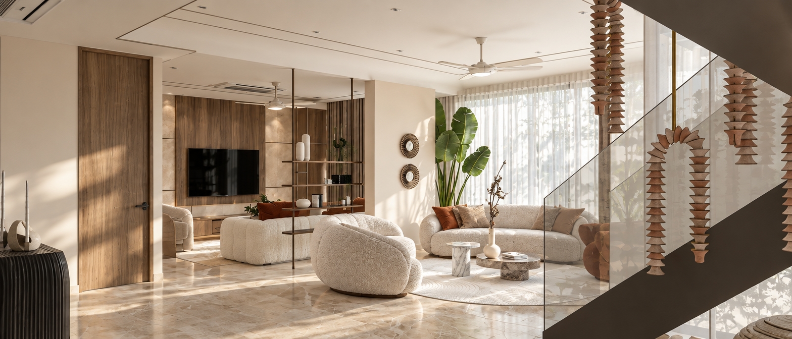 A high-end architectural photograph of the exact interior layout bathed in bright, diffused midday summer sunlight filtering softly through the sheer curtains. Natural daylight fills the open-plan room, casting gentle, realistic ambient bounce and soft contact shadows across the warm travertine flooring and rounded beige boucle upholstery. The scene features authentic material physics, displaying natural veining on the marble coffee tables, fine wood grain across the TV feature wall, realistic foliage sheen on the indoor plant, and clean, subtle reflections across the glass staircase railing, captured with sharp architectural lens clarity and balanced natural exposure.