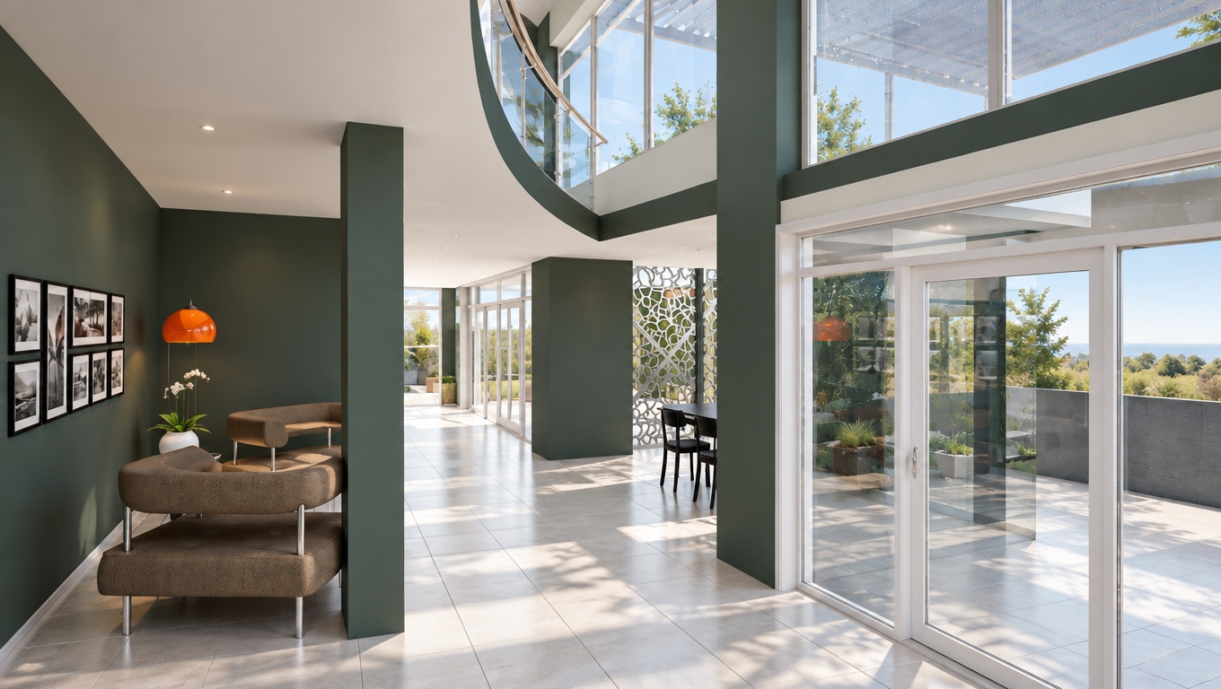 An architectural interior photograph of the spacious double-height modern atrium, captured with a wide-angle tilt-shift lens under soft, natural midday daylight streaming through expansive upper glass panels. The scene displays realistic textures with matte-coated slate green architectural pillars, textured woven upholstery on the curved lounge seating, and subtle light reflections across the clean white tiled floor. Realistic contact shadows, crisp glass transparency on the mezzanine railing and patio doors, and natural ambient light bounce across the white ceiling create genuine depth, captured with balanced dynamic range and delicate film grain.