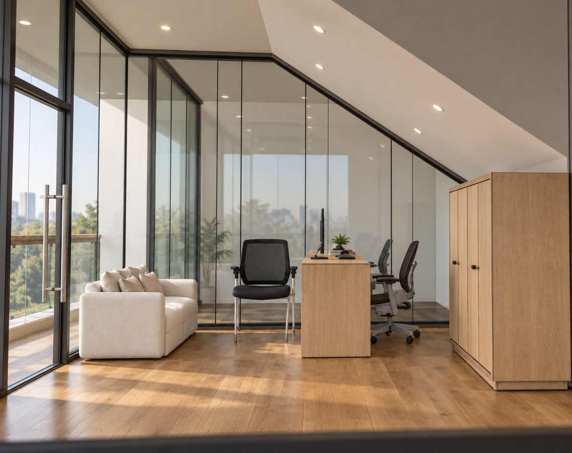 Professional architectural photograph of the modern sloped-ceiling office, precisely maintaining the original composition, geometry, and placement of all elements. Balanced, diffuse daylight filters through the glass partitions, casting authentic reflections on the panes and highlighting the tactile woven texture of the white fabric sofa. Recessed ceiling downlights emit a warm, gentle glow across the matte drywall and satin-finished parquet wood flooring. The desk and tall storage wardrobe showcase realistic light oak wood grain, complemented by the true-to-life mesh and matte plastic textures of the office chairs. Captured with a 24mm tilt-shift architectural lens, featuring soft contact shadows, natural dynamic range, and clean, high-resolution clarity.