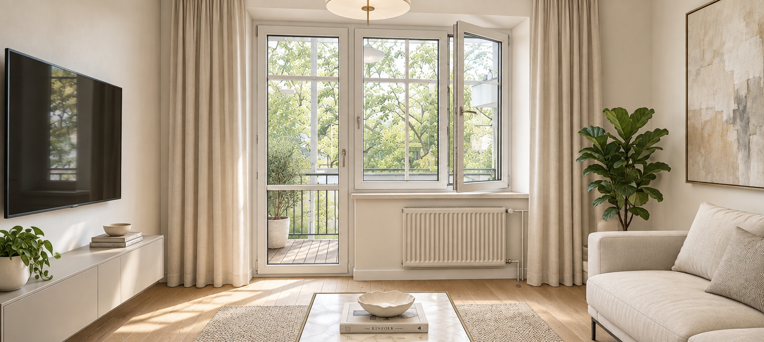 An incredibly lifelike, richly detailed, photorealistic wide-angle interior shot of a refined living room set in an airy, high-end urban residence with an open balcony overlooking lush foliage. The scene is illuminated by luminous, diffused mid-morning sunlight cascading through expansive mullioned casement windows, creating a serene, sophisticated, and gracefully balanced atmosphere. Captured with a 35mm architectural lens at f/8, emphasizing the natural weave of floor-to-ceiling pearl-toned linen drapes, wide-plank white oak flooring, and the cool tactile sheen of polished stone surfaces. Embracing an aesthetic of contemporary elegance, the space is composed with tailored upholstered seating in a soft champagne textile, accessorized with understated woven pillows and arranged opposite a sleek, wall-mounted display above a floating minimalist credenza. In the foreground, a low-profile coffee table framed in slim brushed-bronze metal accents features a polished warm-white marble top, elegantly styled with a curated hardcover photography book and an artisanal sculptural ceramic bowl. The walls, finished in a subtle warm white plaster, provide a tranquil backdrop for an expansive abstract canvas rendered in gentle washes of pearl, champagne, and soft gray, while a potted fiddle-leaf fig tree and a discreet, sculptural ceiling light complete the light-filled, clean-lined design.