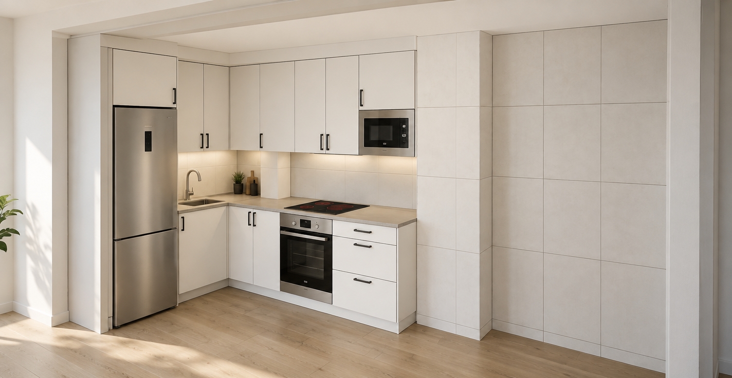 A clean, real-world architectural photograph of the kitchen scene exactly matching the existing layout, geometry, and materials. The white cabinetry features a smooth matte finish with subtle surface variations, contrasted by sleek black metal handles. Natural daylight casts soft, ambient illumination across the light wood plank flooring and square ceramic tile backsplash, creating gentle reflections on the brushed stainless steel refrigerator, microwave, and oven. Glass and cooktop surfaces exhibit faint, natural specularity, while clean architectural shadows define the cabinetry seams and recesses, captured with sharp focus, neutral color balance, and subtle photographic grain.
