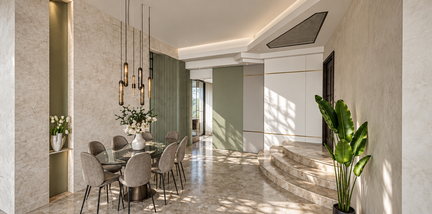A crisp architectural photograph capturing the exact scene under bright midday spring light, illuminating the space with natural 5500K sunlight and soft ambient bounce. The mottled stone floor displays subtle natural reflections, while the glass tabletop reveals faint micro-scratches and translucent clarity. The fabric dining chairs have tactile woven textures, the brass accents along the white paneled walls exhibit a delicate metallic sheen, and the indoor plant leaves show vibrant, organic subsurface scattering. Captured on a professional full-frame camera with a wide-angle lens, maintaining crisp focus, balanced highlights, gentle falloff, and realistic, film-like grain.