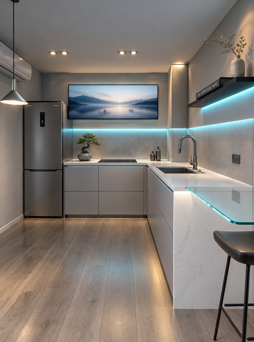 An incredibly lifelike, richly detailed, photorealistic wide-angle shot of a futuristic Digital Zen kitchen set in a serene, modern urban apartment. The scene is illuminated by ambient, diffused twilight paired with soft cyan neon under-cabinet LED strips and concealed warm downlights, creating a tranquil, high-tech atmosphere. Captured with a professional full-frame camera and a 24mm tilt-shift lens, emphasizing the ultra-smooth matte surfaces, smoky reflective glass, and fine organic textures.
The original unfinished, cluttered corner is completely transformed into an innovative, streamlined culinary sanctuary defined by shades of cool grays, crisp whites, and delicate neon accents. The makeshift open shelving and faux brick counter have been replaced by seamless, push-to-open cabinetry and a continuous white quartz waterfall island featuring a sleek cantilevered glass breakfast ledge. In place of the bare upper wall, an ultra-thin digital landscape art display gently illuminates the room with shifting meditative vistas, mounted beside a floating matte-black metal shelf showcasing a curated photography book and a minimalist ceramic vase. Perfectly clutter-free countertops feature only a sculptured bonsai in a polished concrete vessel, integrated induction cooktops, and a touchless smart faucet, perfectly balancing cutting-edge cyberpunk elegance with calming Zen simplicity.