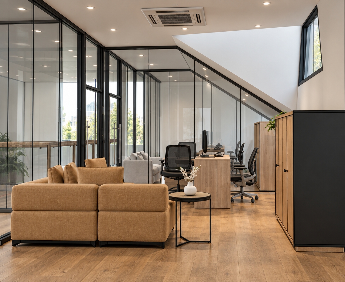 Architectural interior photograph preserving the exact composition and layout of the office scene, rendered with realistic lighting and physical materials. Soft, balanced illumination from recessed ceiling downlights creates natural contact shadows and subtle reflections across the floor-to-ceiling glass partitions. The foreground tan modular sofa features fine fabric upholstery with natural seams, positioned on realistic warm-toned wood plank flooring. The background desk displays natural wood-grain laminate alongside detailed mesh ergonomic chairs, while the tall storage units showcase realistic matte black and timber finishes. Captured with a sharp architectural lens, emphasizing true-to-life surface textures, authentic glass transparency, and clean, balanced interior contrast.