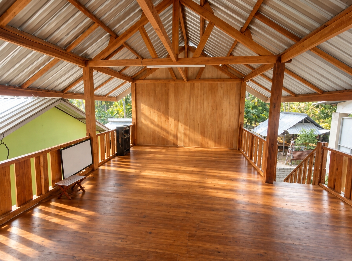 A wide-angle architectural photograph of the open timber pavilion transformed into a warm, serene hall for meetings and classes, strictly preserving the original geometry, structure, and camera angle. The back wall and floor are finished in smooth, cohesive warm-toned wood panels, complemented by the pillars and railings treated in a rich, polished natural teak finish. Soft morning daylight filters gently through the open sides, casting realistic, soft-edged shadows across the floor and highlighting natural wood grain textures on the exposed roof trusses. The balanced, warm color temperature and faint optical depth create an inviting, authentic photographic quality with subtle atmospheric dust motes and micro-surface imperfections.