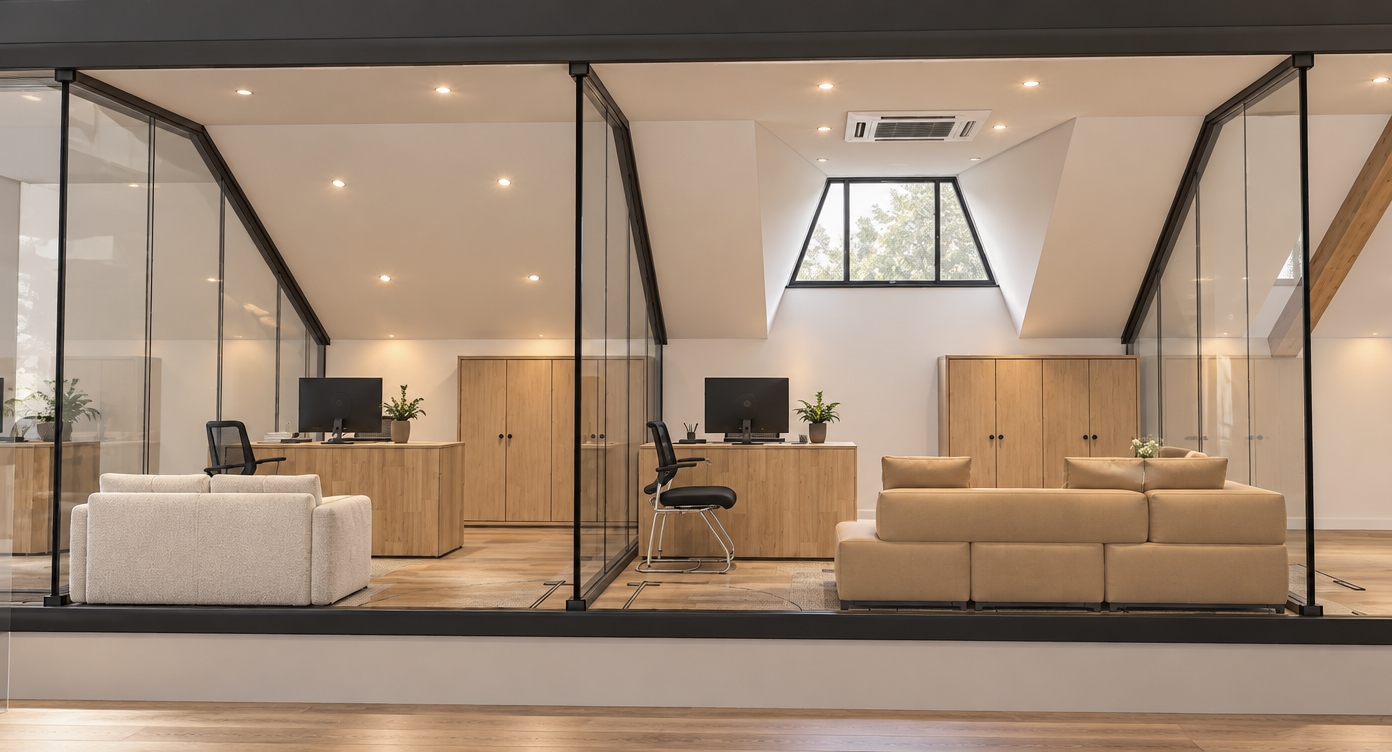 An eye-level professional architectural photograph capturing the exact modern attic office interior through the transparent glass partitions, maintaining identical layout, geometry, and framing. Soft daylight enters from the upper windows, balanced by warm, diffuse illumination from the recessed ceiling spotlights casting gentle ambient shadows. Surfaces are rendered with authentic tactile textures, featuring matte light-oak grain on the cabinetry and desks, textured woven fabric on the white armchair, smooth upholstery on the modular beige sofa, and polished wood floorboards with faint surface reflections. The structural glass panels exhibit clean specular glints and realistic transparency, captured with a sharp architectural tilt-shift lens, neutral color temperature, and crisp interior dynamic range.
