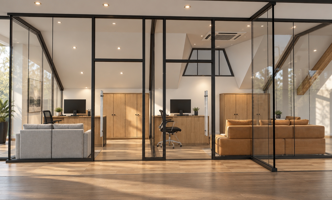 A crisp architectural photograph capturing the modern loft office suites behind floor-to-ceiling glass partitions, preserving the exact geometry, layout, and straight-on perspective. The space is illuminated by soft daylight blended with warm recessed ceiling downlights, casting gentle ambient shadows and natural light falloff. High-transparency architectural glass displays realistic faint reflections and clean highlights, mounted within slim matte-black metal mullions with brushed stainless steel handles. The furnishings exhibit authentic physical materials, featuring natural light-oak grain on the desks and storage cabinets, realistic fabric weave and leather textures on the seating, and a smooth matte finish on the vaulted ceilings and walls. Captured with a sharp wide architectural lens, showing precise vertical alignment, balanced contrast, and clear material definition.
