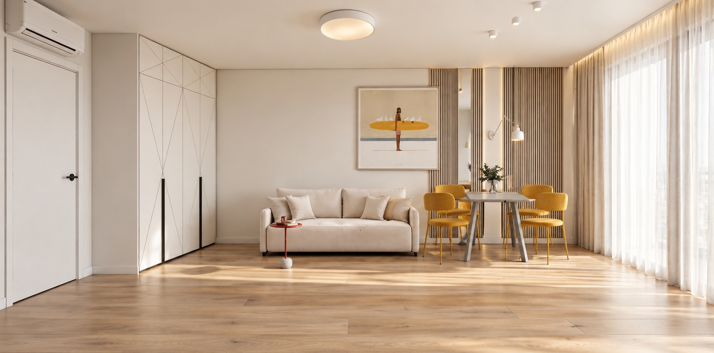 A photorealistic interior photograph of the modern minimalist living and dining space, maintaining the exact perspective and spatial arrangement. Soft natural daylight diffuses through the full-height sheer curtains on the right from a large window with a table-height sill, balanced by warm ambient ceiling fixtures. Above the matte white entryway door on the left sits a sleek split-system air conditioner, situated beside built-in geometric white cabinetry. Centered in the room is a tailored cream fabric sofa beneath a framed print, alongside a dining setting with vibrant yellow upholstered chairs, a gray dining table, and a feature wall detailed with vertical fluted panels and a slender mirror insert catching soft room reflections. The continuous light oak plank flooring exhibits natural wood grain and subtle contact shadows, rendered with crisp architectural lens clarity and balanced, realistic illumination.