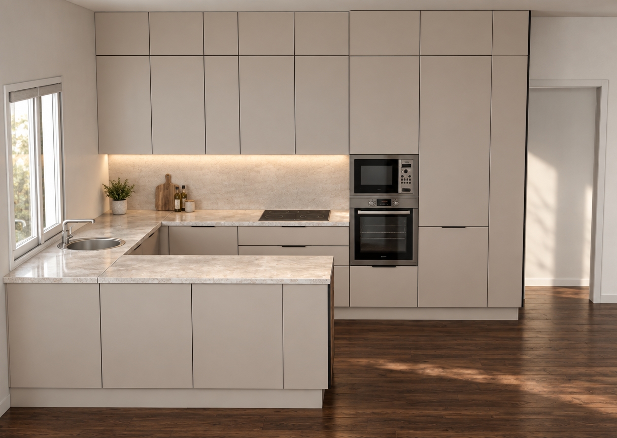 A crisp architectural photograph captures the modern kitchen with exact fidelity to the existing layout, camera angle, and geometry. Soft natural daylight streams through the side window, harmonizing with warm under-cabinet LED task lighting over the light composite countertop and backsplash. The flat-panel cabinetry is finished in a smooth matte greige with subtle surface micro-textures and precise seam gaps. Built-in appliances, the glossy black induction cooktop, and the sink show authentic specular reflections and material physics. The dark hardwood floor features authentic woodgrain detail and gentle light falloff, rendered with sharp optical focus, soft ambient occlusion, and faint lens vignetting for true photographic depth.
