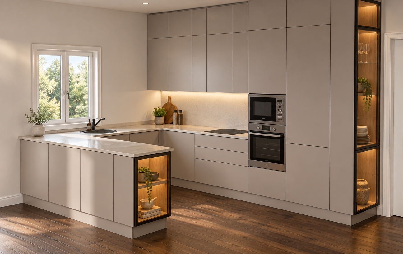 A crisp, photorealistic interior architectural photograph capturing the exact layout, geometry, and perspective of the modern U-shaped kitchen. Cabinetry features smooth, ultra-matte greige surfaces with subtle satin sheen and micro-texture along precise shadow gaps. The bronze-tinted glass display cabinets on the island edge and tall pantry tower are framed in slim matte black metal, warmly illuminated from within by hidden integrated LED accent lights. Under-cabinet warm white LED strip lighting casts a soft, even wash across the light beige composite stone countertop and clean backsplash. The glossy black induction cooktop and built-in stainless steel oven and microwave show authentic reflections, complemented by the dark matte sink fixtures. Across the dark plank hardwood floor, natural light from the window blends with interior lighting, exhibiting organic wood grain, gentle highlights, soft shadows, and faint photographic depth of field with subtle lens vignetting.