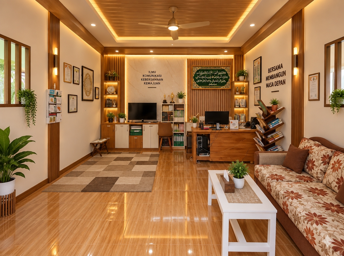 buat desain ruangan ini dengan desain backdrop yang sesuai, warna tiang, pagar dan lantai yang sesuai, hangat untuk ruang pertemuan, ruang menerima tamu dan kantor administrasi. tambahkan interior lampu dan plavon yang sesuai, elegan, interior dinding dan dokumen