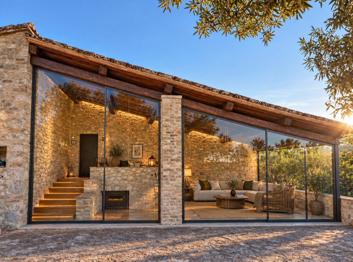 A real-estate architectural photograph capturing the rustic stone building from the exact existing angle and composition, featuring large minimalist floor-to-ceiling glass windows enclosing the open veranda. Inside the glass enclosure, a warm, inviting ambient interior glow illuminates a refined seating lounge on the right and warm hardwood steps covering the staircase on the left. The scene is shot on a full-frame camera with a 35mm lens in soft late-afternoon sunlight, displaying crisp architectural reflections across the glass panes, tactile masonry textures, weathered dark timber beams, gentle natural vignetting, subtle lens flare, and rich contrast against the surrounding greenery and clear blue sky.