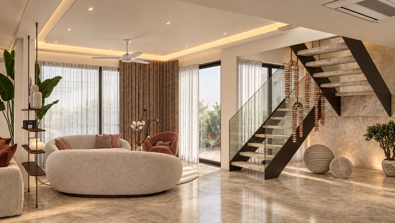 Architectural photograph of the open-concept interior taken with a wide-angle tilt-shift lens. The ceiling features soft, warm cove lighting in the perimeter recess, casting a gentle ambient glow that complements diffused daylight from the sheer curtains. The accent wall behind the floating staircase displays a refined textured plaster finish, while the staircase steps and landing are crafted from natural honed stone with subtle veining. Realistic material textures are evident throughout, from the tactile fabric of the curved sofa to the clean specular reflections on the glass railing and polished floor, rendered with balanced exposure, natural shadow falloff, and subtle photographic grain.
