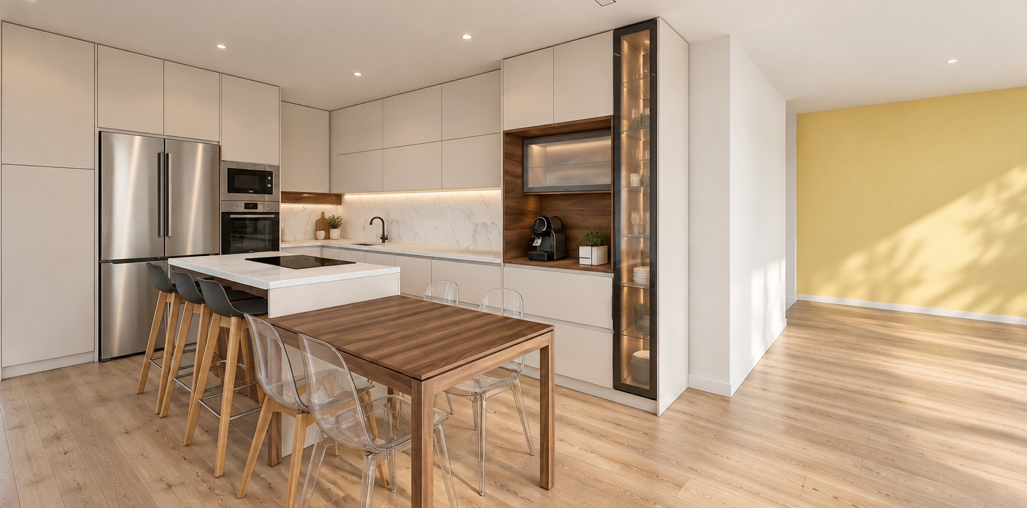 A photorealistic architectural photograph preserving the exact composition, geometry, and layout of the modern kitchen. Soft, natural daylight illuminates the space, accurately rendering the matte off-white cabinetry, realistic light oak wood flooring, and delicate grey veining of the marble backsplash. The materials display authentic physical textures and lighting response, including subtle directional sheen on the brushed stainless steel appliances, rich tactile wood grain on the dining table and recessed shelving, glossy polished quartz on the island countertop, and realistic refractions through the transparent acrylic chairs. Subtle, soft ambient shadows and crisp micro-details are captured with a professional wide-angle lens, balancing the warm wood tones and the pale yellow accent wall under balanced, realistic interior lighting.