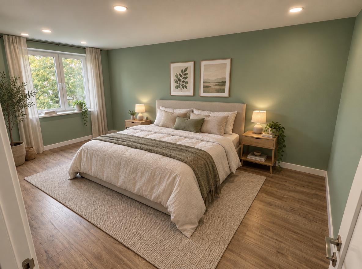 A realistic photograph of the sage-green bedroom interior preserved from the exact same wide-angle perspective, now furnished in a minimalist Scandinavian style with a cozy bed positioned against the main wall between the two white wall outlets. The bed features light neutral linen bedding and a simple light wood or upholstered headboard, flanked by small minimalist nightstands that harmonize with the existing warm wood-laminate flooring and muted green walls. Soft, diffused daylight spills from the window on the left, blending naturally with the warm glow from the recessed ceiling lights, casting soft ambient shadows across the floorboards. Textures show natural realism, including subtle fabric wrinkles, authentic wood grain reflection, faint dust motes in the light, and gentle lens falloff at the edges.