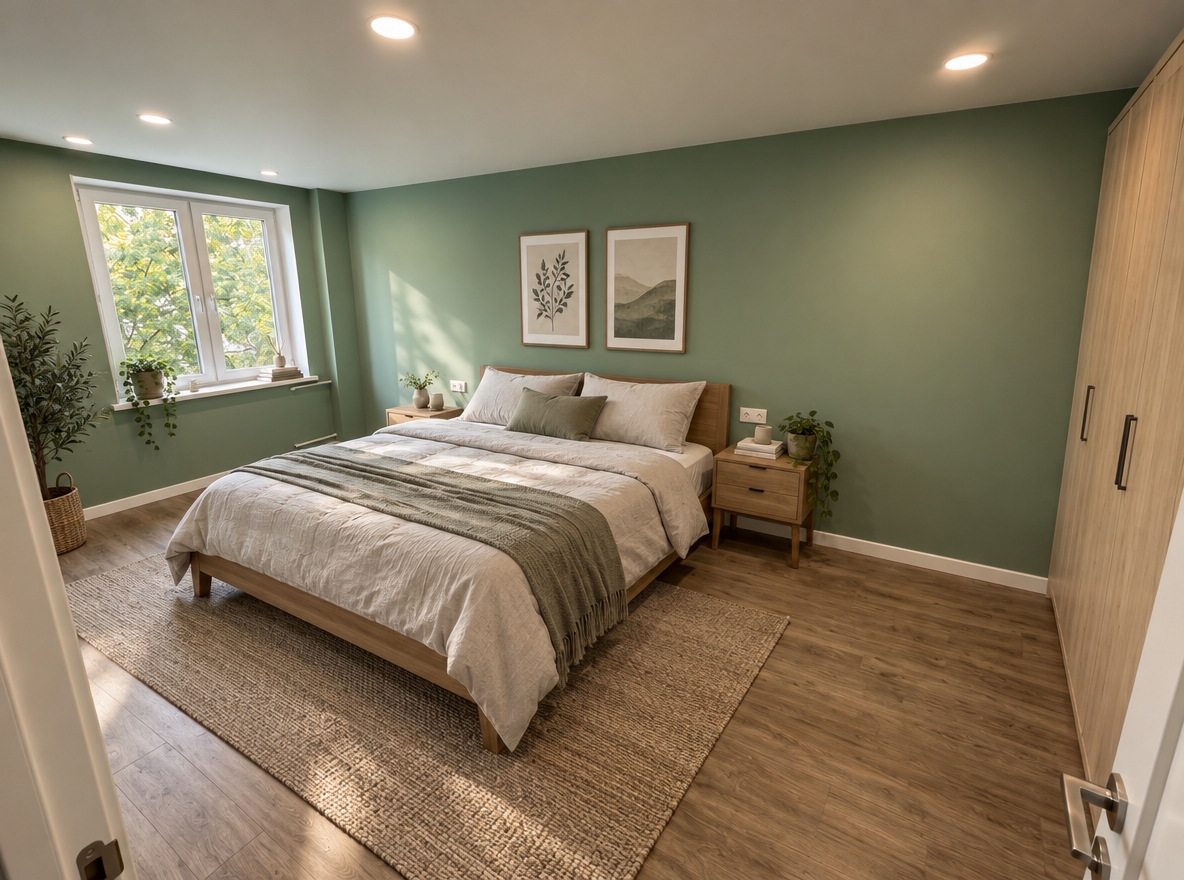 A wide-angle architectural photograph capturing this exact room from the doorway, keeping the muted sage green walls, laminate wood floor, and ceiling spotlights completely identical. Positioned precisely between the two wall outlets on the main green wall is a minimalist Scandinavian platform bed with textured neutral linen bedding, complemented by a clean-lined light wood wardrobe nestled into the right corner. Soft daylight spills in through the left window, mingling naturally with the warm overhead recessed lights to cast gentle, authentic shadows across the wooden floorboards, captured with sharp focus, subtle lens vignetting, and natural surface textures.