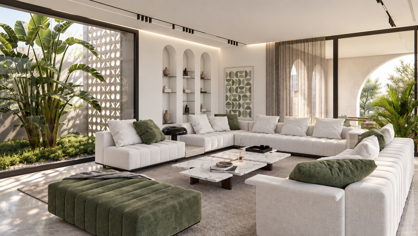 A high-end architectural photograph maintaining the exact layout, geometry, and design, illuminated by soft natural daylight pouring through the expansive floor-to-ceiling windows. The modular white seating features tangible woven fabric micro-textures and natural creasing, paired with the rich, tactile nap of the sage green velvet ottoman and cushions. Realistic polished reflections and subtle veining ground the tiered marble coffee tables, while the outdoor courtyard plants exhibit lifelike subsurface scattering and soft shadows. Balanced global illumination, accurate ambient occlusion, and subtle lens vignetting elevate the scene into an authentic, warm, and photorealistic interior photograph.