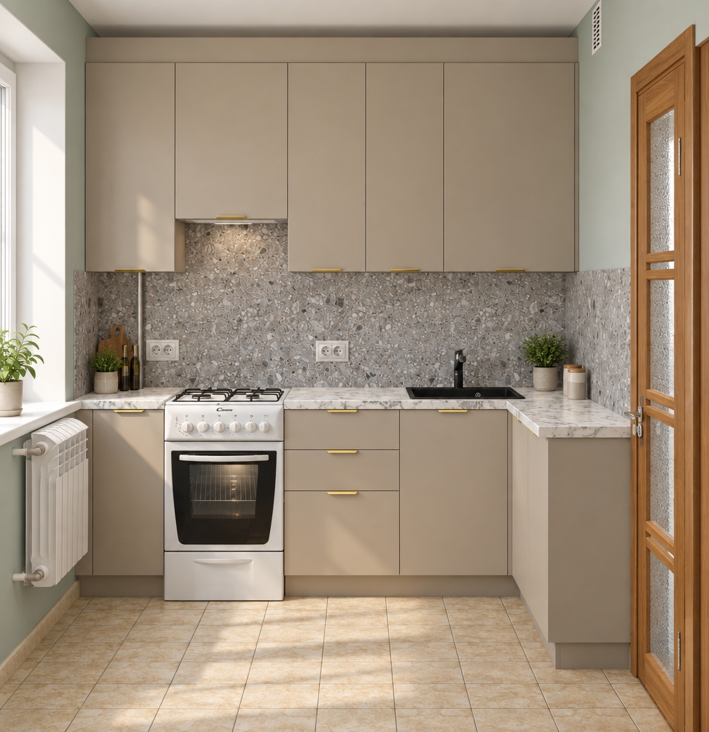A photorealistic eye-level architectural photograph preserving the exact layout, geometry, and composition of the compact kitchen. Soft, natural daylight streams in from the left window, casting gentle shadows across the beige tiled floor and highlighting the subtle textures of the matte taupe cabinetry with slim brass handles. The grey speckled terrazzo backsplash and white veined marble countertops display authentic surface sheen and realistic micro-reflections. The freestanding white enamel stove, black undermount sink, and warm wooden glass-paneled door on the right show lifelike material physics, soft ambient occlusion, and balanced interior exposure captured on a 35mm lens.