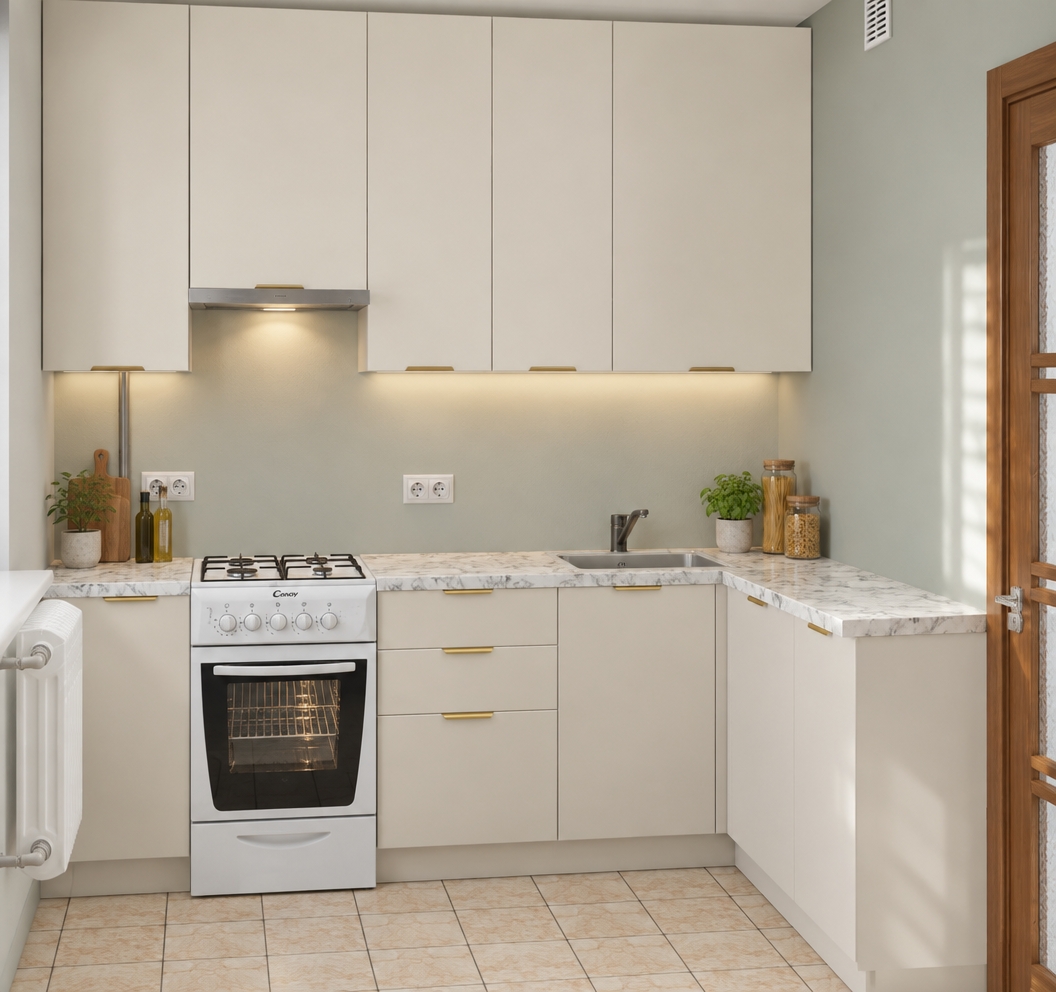A crisp, authentic interior photograph of the compact kitchen exactly as arranged, captured from a straight-on eye-level perspective with a 35mm architectural lens. Soft, natural daylight illuminates the space, casting subtle ambient shadows beneath the overhead units. The flat-panel cabinetry has realistic matte off-white laminate finishes with understated brass edge pulls, complementing the polished white marble countertop with delicate grey veining. Realistic surface physics are applied throughout, including glossy enamel and reflective glass on the freestanding white range, fine metallic sheen on the sink fixtures, and authentic ceramic texture across the floor tiles, rendering the exact layout as a beautifully captured real-life photograph.