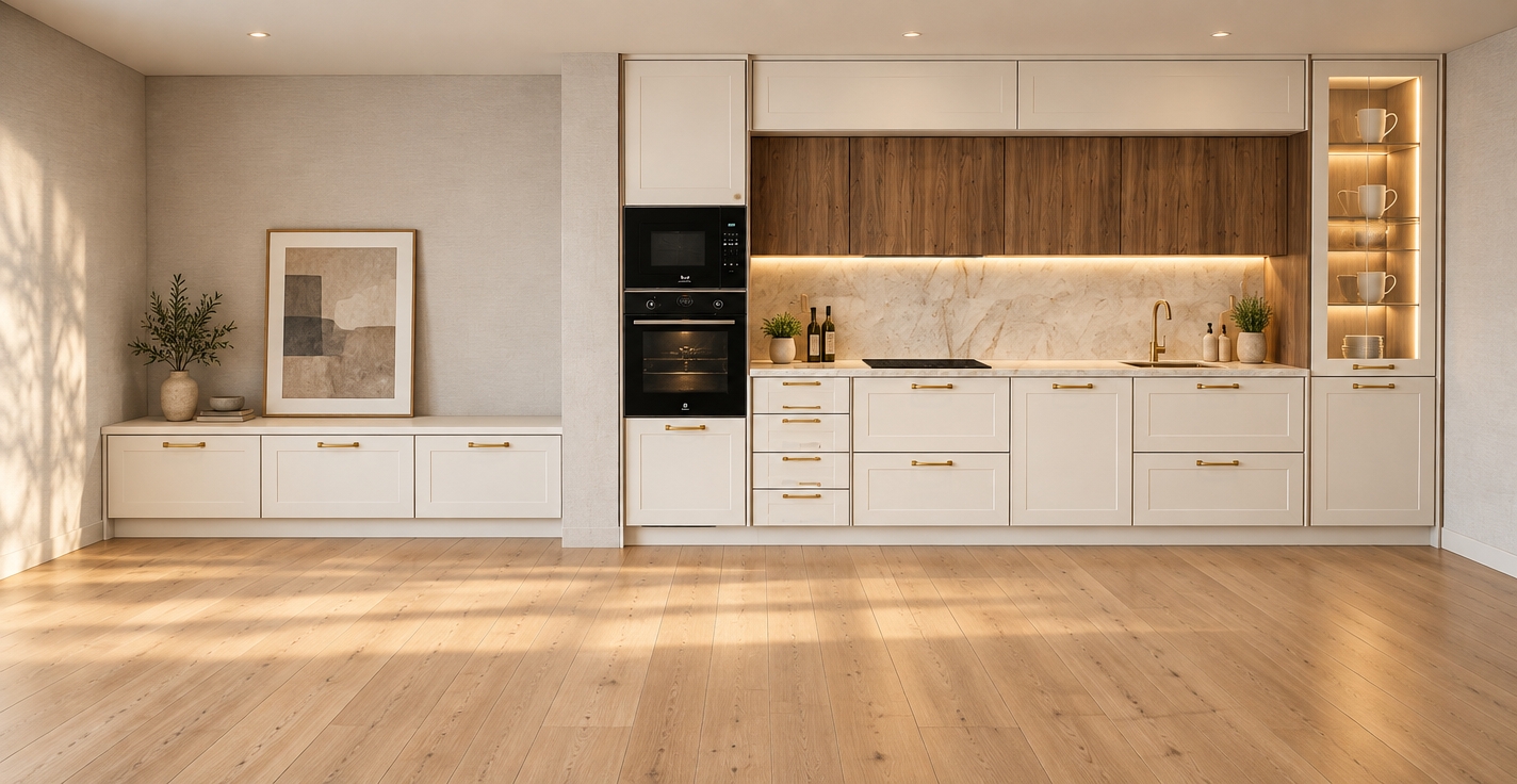A professional architectural photograph capturing the exact kitchen layout with soft natural daylight and warm artificial accents. The cabinetry features clean white framed doors fitted with brushed gold pull handles, seamlessly paired with rich natural wood-grained upper cabinets. Under-cabinet warm LED strip lighting casts a gentle glow onto the polished Laminam Taj Mahal porcelain countertop and backsplash, highlighting a brushed gold sink and sleek gold faucet. The glass display cabinet on the right emits a warm interior illumination, showcasing the stacked ceramic mugs inside. Light wood floorboards show realistic grain and subtle reflections, while the balanced ambient light creates soft, authentic shadows, captured with a sharp wide-angle architectural lens with realistic textures and gentle tonal depth.