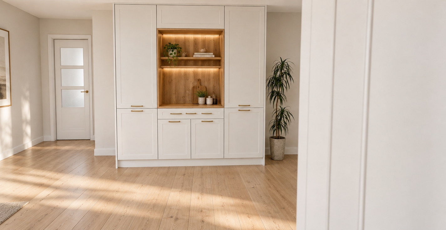A bright interior architectural photograph capturing the exact scene, featuring framed matte white cabinetry with warm oak wood grain interior shelving and brushed brass handles. Soft, warm integrated LED strip lighting illuminates the wooden breakfast niche, casting subtle highlights across the wood texture. Natural daylight gently fills the room, creating soft shadows on the light wood plank flooring and smooth matte walls. The tall potted plant displays lifelike leaf textures, with realistic ambient occlusion, subtle reflections, and photographic depth captured through a crisp wide-angle lens with natural depth of field.
