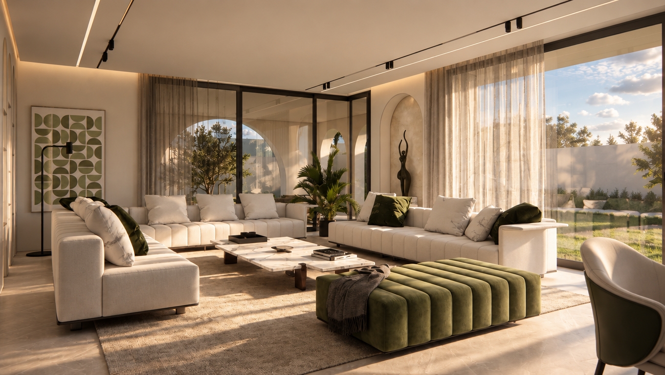 A crisp, eye-level architectural photograph capturing this modern living room in natural late-afternoon sunlight streaming through the floor-to-ceiling glass windows. Maintain the exact spatial layout, furniture arrangement, and materials while enhancing realism through tactile surface textures: soft woven fabric on the white sectional couches, visible stitching, plush sage green velvet with subtle nap variations on the channeled ottoman, natural veining and polished reflections on the marble coffee table, and lightweight transparency in the sheer linen curtains. The lighting should feature warm, directional daylight casting soft-edged shadows across the textured area rug, complemented by delicate ambient reflections in the glass partitions and dark metal fixtures. Incorporate subtle photographic characteristics including gentle lens vignetting, natural depth of field, delicate exposure falloff, and ultra-fine film grain to achieve an authentic, high-end editorial interior photograph.