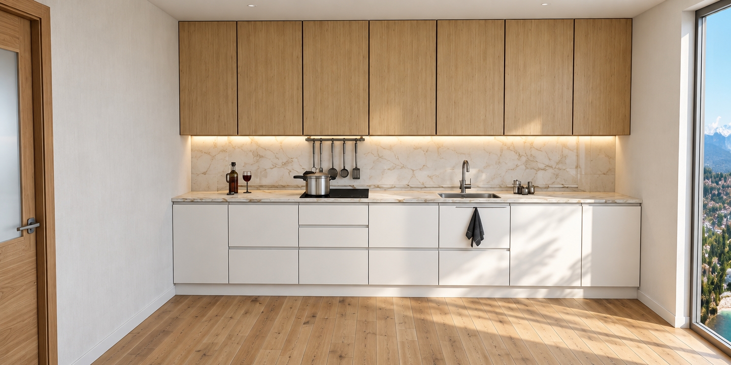 A bright, photorealistic architectural photograph capturing the exact modern kitchen layout and perspective, maintaining all materials, colors, and spatial arrangements intact. Soft, natural daylight streams in from the large window on the right, casting gentle ambient illumination and subtle shadows across the satin white lower cabinets and warm natural oak upper cabinetry. The polished marble countertop features realistic, delicate veining with faint specular highlights reflecting the stainless steel sink, faucet, glassware, and cookware. Captured on a professional wide-angle lens with natural contrast, crisp focus, true-to-life textures on the wooden floor planks, and subtle depth of field.
