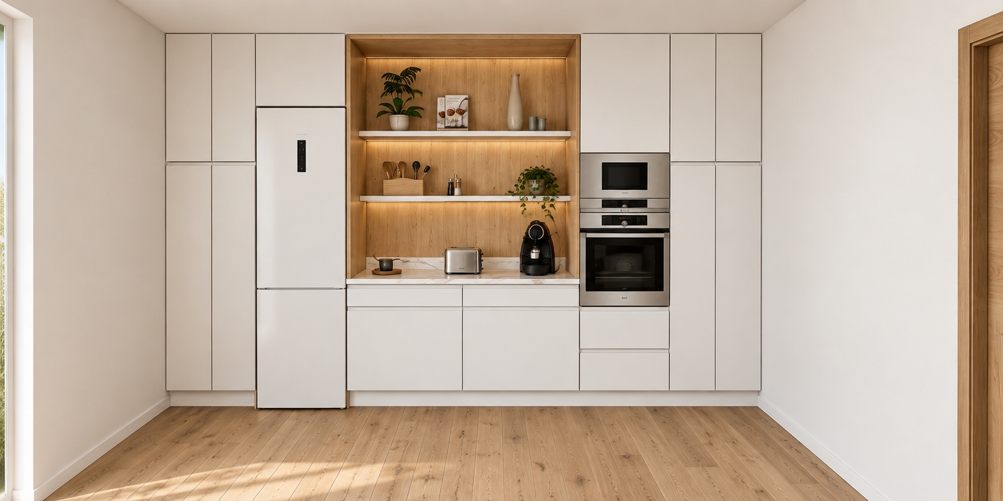 A high-end architectural photograph capturing the modern kitchen setup exactly as arranged, featuring matte white handleless cabinetry, a warm natural oak wood niche, and a delicate white marble countertop with subtle veining. The scene is illuminated by soft, neutral ambient daylight from the front and gentle warm under-shelf LED accents, casting realistic diffuse shadows and natural specular reflections on the stainless steel appliances and glass surfaces. Realistic textures showcase fine wood grain on the light parquet floor and shelving, smooth satin finishes on the white cabinet doors, and authentic material details on the toaster, coffee maker, potted plant, and decorative kitchenware, shot with a sharp 35mm lens offering deep depth of field and subtle photographic grain.