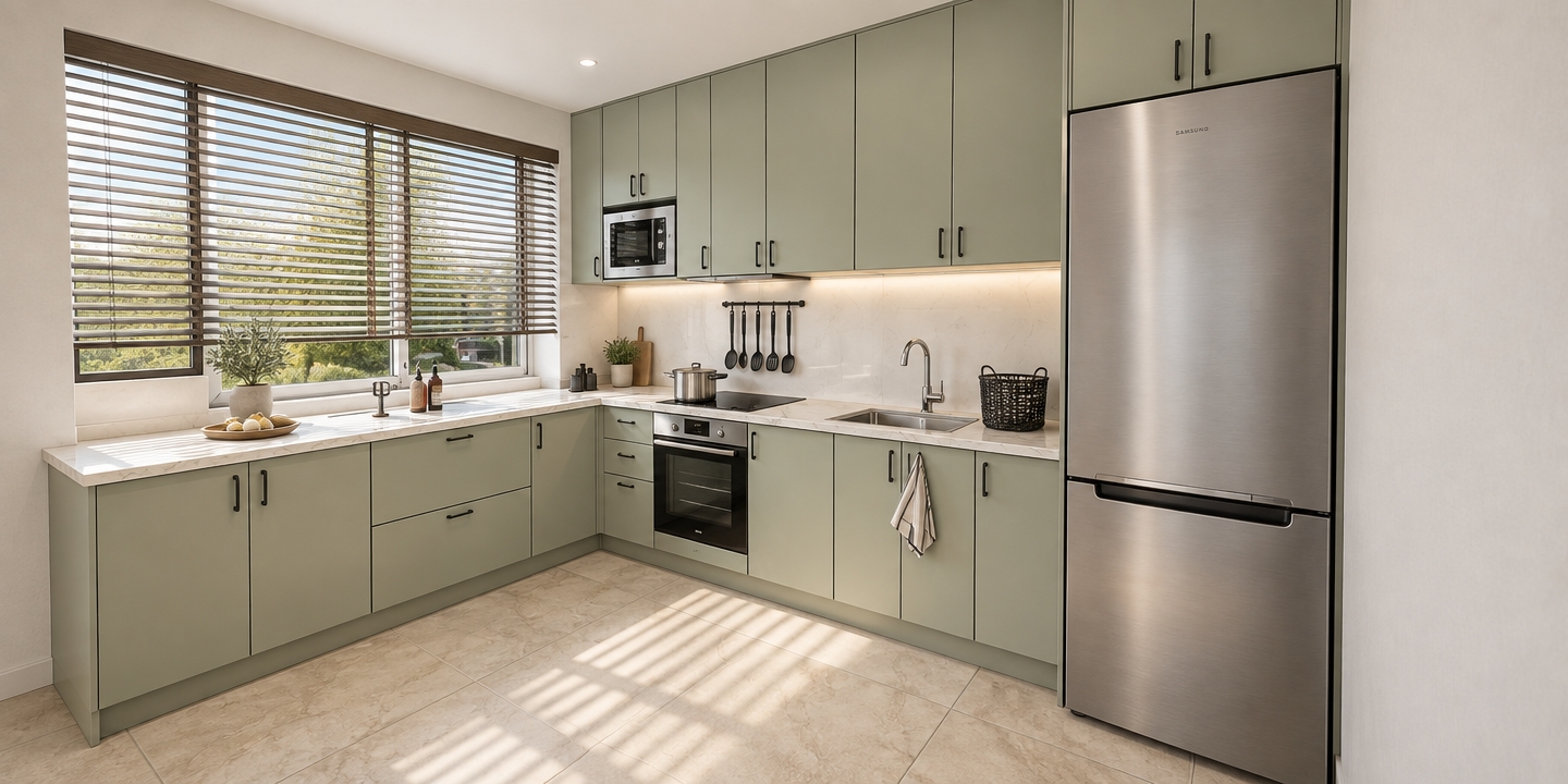A wide-angle architectural photograph capturing the exact kitchen layout, featuring smooth matte pale sage cabinetry, polished white marble countertops with subtle veining, and a large brushed stainless steel refrigerator. Natural daylight streams through the horizontal window blinds on the left, casting soft, filtered linear shadows across the counter and the light beige ceramic tile floor. Realistic physical materials are emphasized throughout, including reflective chrome fixtures, the dark glass oven door, and brushed metal appliances, all balanced with soft ambient interior lighting, neutral color grading, and crisp photographic clarity.