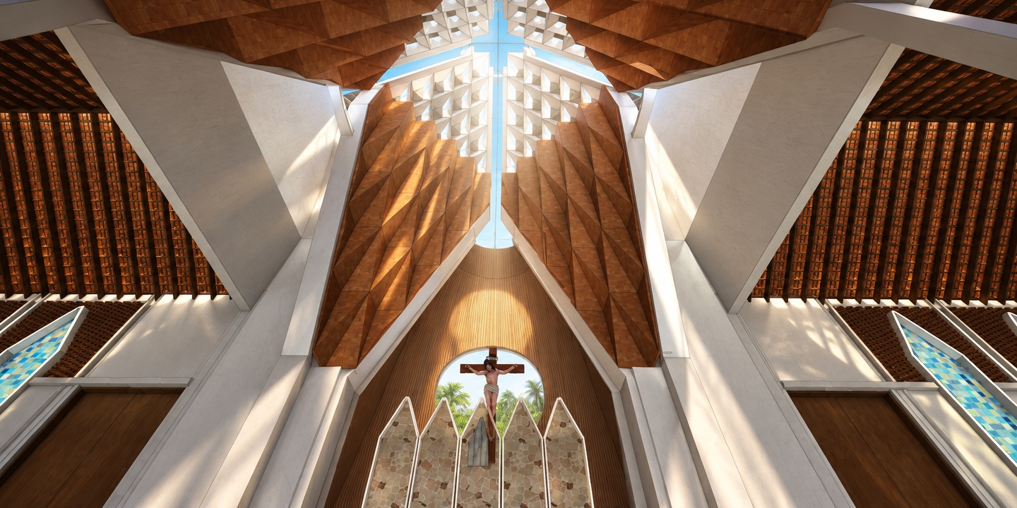 A photorealistic wide-angle architectural photograph of the church interior, preserving the exact geometry and perspective. Harsh daylight streams dramatically through the central roof skylight and the circular aperture behind the crucifix, washing the curved wall in intense sun and casting deep geometric shadows. The faceted ceiling panels showcase rich natural wood grain, contrasted against the matte finish of the white concrete arches. Outside the circular opening, a lush tropical tree canopy is visible against the bright sky. The scene is captured with authentic material textures, sharp architectural clarity, natural highlight roll-off, and subtle atmospheric dust suspended in the sunbeams.