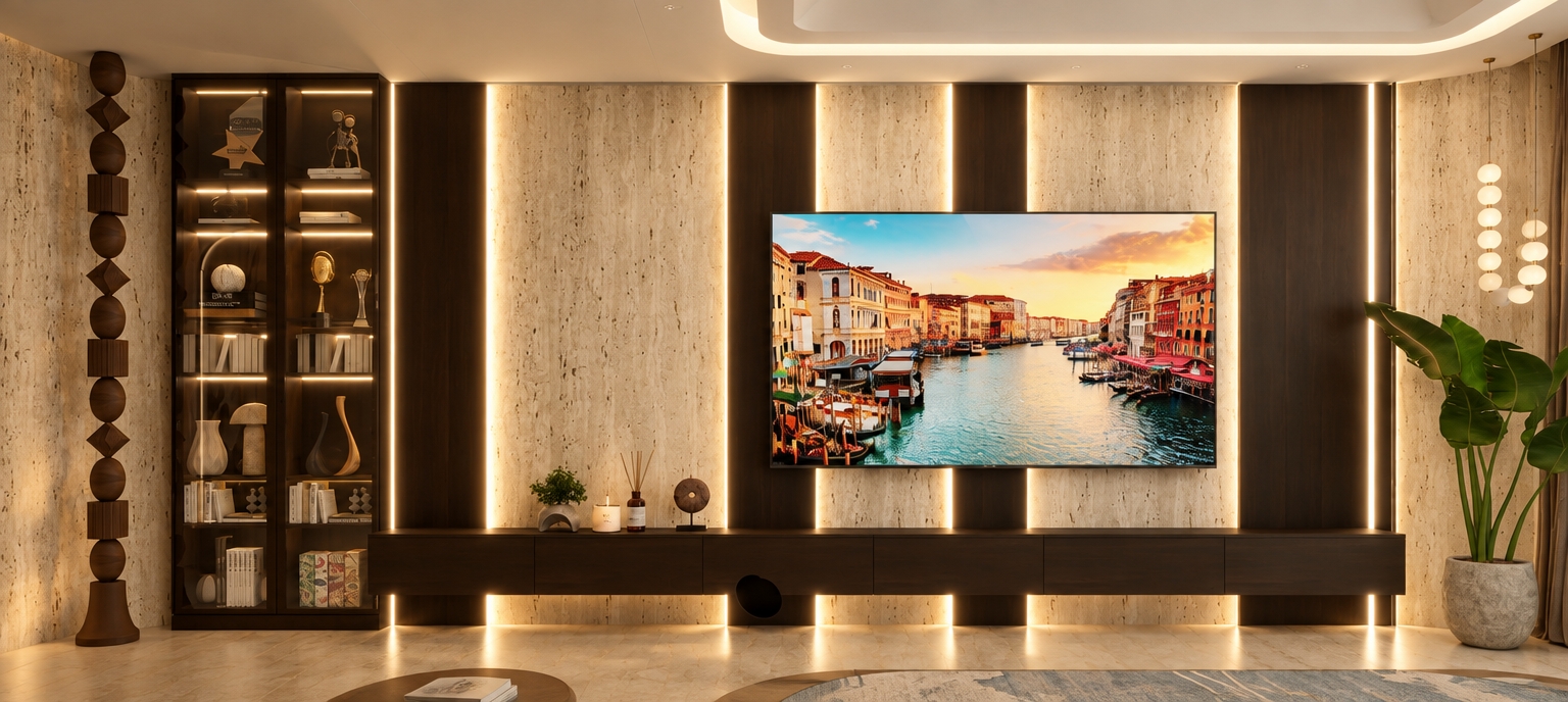 An eye-level architectural interior photograph capturing the modern media wall bathed in enhanced warm 2800K ambient illumination. Soft, diffused glows emanate from the vertical LED strips, gently highlighting the tactile micro-textures of the warm beige travertine panels and the rich grain of the dark wood accents. Shot with a sharp 35mm lens, the scene features realistic reflections across the glass cabinet shelves, natural light falloff beneath the floating console, and subtle optical imperfections like gentle film grain and faint vignetting for a cozy, authentic atmosphere.