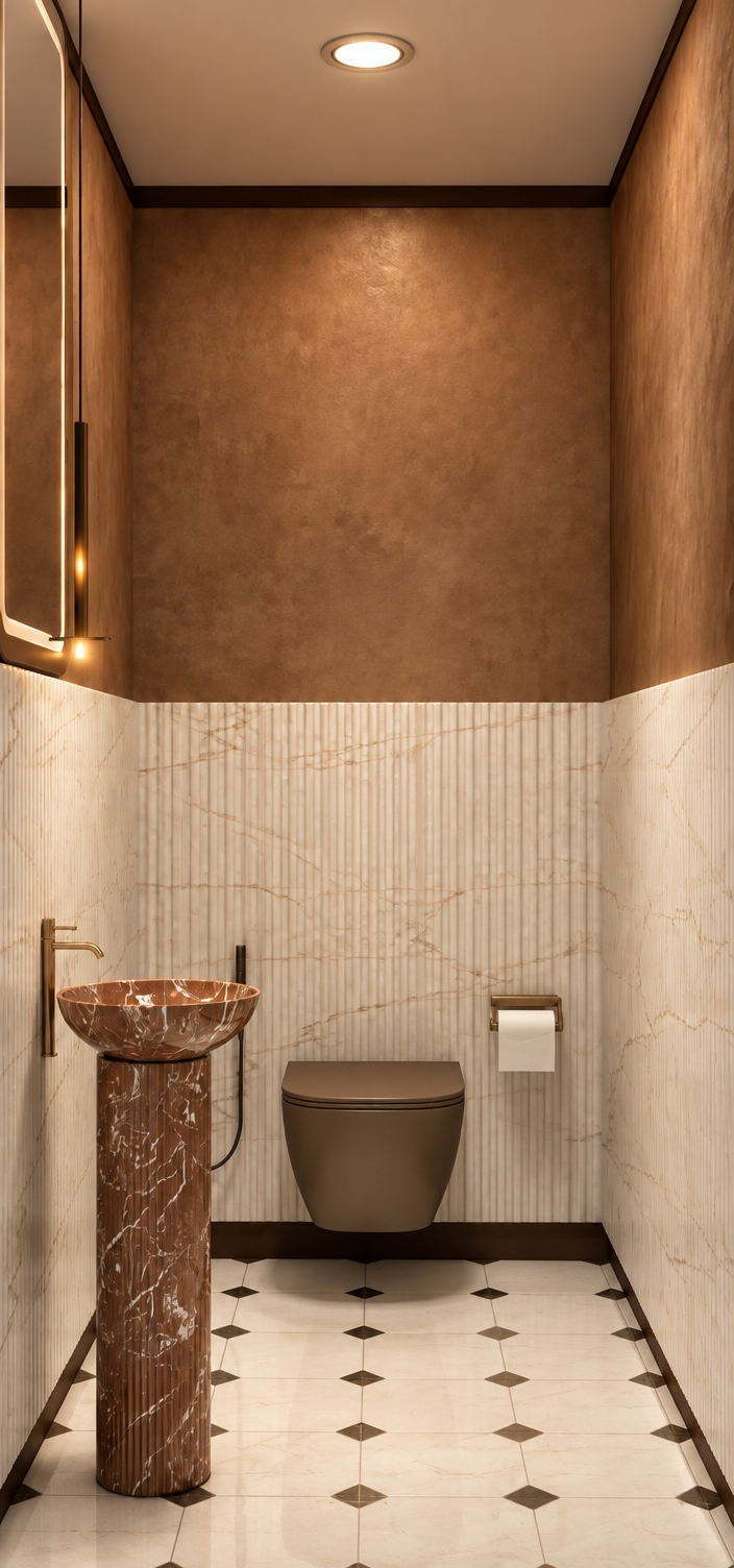 A professional architectural interior photograph of the compact powder room, captured with a 35mm lens bathed in enhanced, warm 3000K illumination from the recessed ceiling light and glowing vertical pendant. The upper walls reveal nuanced beige undertones across their subtle plaster texture, complementing the creamy fluted lower wall panels. Rich, physically accurate specular highlights reflect off the polished terracotta marble basin and brass faucet, while soft ambient occlusion grounds the matte toilet fixture. The tiled floor shows crisp grout lines and realistic surface reflections, finished with gentle vignetting and subtle film grain for authentic photographic warmth.