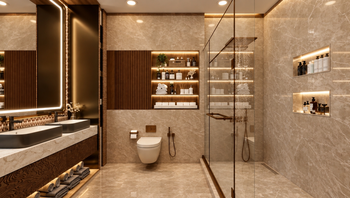 A professional architectural photograph capturing the exact bathroom scene, illuminated by enhanced, soft 3000K warm ambient lighting from the recessed ceiling spotlights and subtle LED strips within the recessed shelving and vanity mirror. The beige marble walls and flooring exhibit natural stone veining with authentic specular highlights and gentle surface imperfections, while the rich wood slats provide depth and realistic grain texture. Captured with a rectilinear wide-angle interior lens, the glass shower enclosure shows faint reflections and natural transparency, with accurate contact shadows grounding the floating toilet and vanity, balanced by warm beige color grading, delicate lens vignetting, and fine photographic sensor grain.