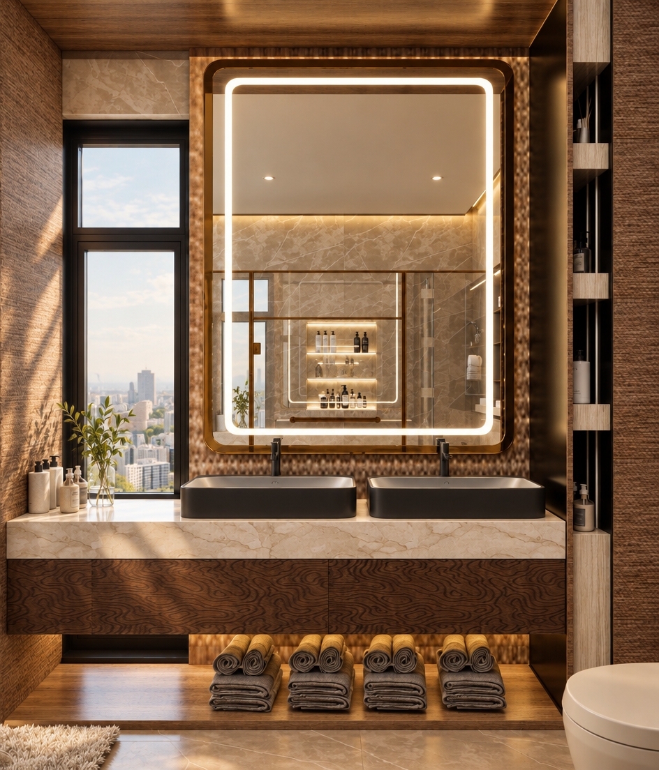A straight-on architectural photograph of the luxury bathroom vanity, captured with a sharp 35mm lens and bathed in enhanced, cozy lighting with a warm beige tonal palette. Soft 3000K glow radiates from the backlit mirror frame, harmoniously mixing with gentle natural daylight filtering through the side window. Realistic material physics emphasize the matte surface of the dark double sinks, the organic veining of the beige marble countertop, the rich grain of the wood cabinetry, and the soft woven fibers of the folded towels beneath. Crisp reflections in the glass, delicate ambient shadows, faint chromatic aberration, and subtle photographic grain bring tactile, high-end realism to the entire space.