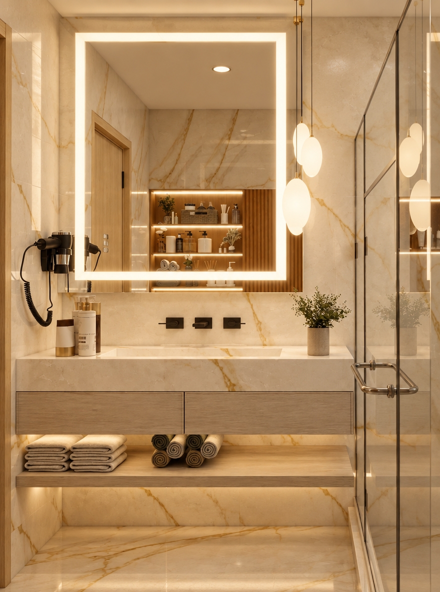An architectural interior photograph of the bathroom with preserved layout and geometry, bathed in enhanced warm lighting and soft beige tones. The scene is illuminated by gentle, diffused 3000K illumination from the backlit mirror and pendant globes, casting golden highlights across the glossy beige-veined marble walls and countertop. Realistic, soft reflections appear on the glass shower partition and mirror, while the light wood vanity drawers reveal natural tactile grain textures under the warm ambient glow. Captured with an architectural lens, the photograph features smooth shadow roll-off, gentle bloom around the luminaires, faint sensor grain, and subtle surface micro-imperfections for authentic realism.