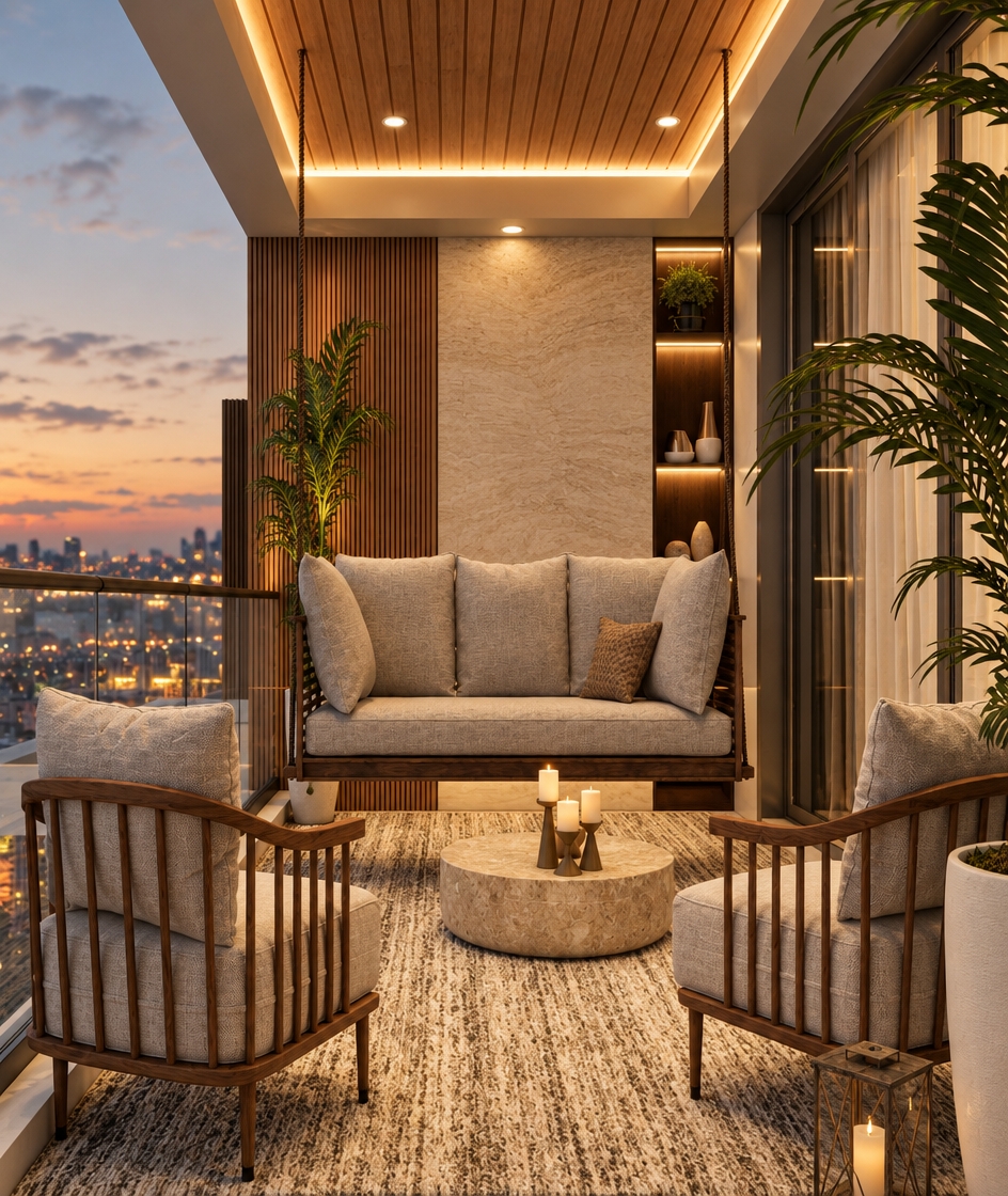 A high-end architectural photograph capturing the exact balcony composition bathed in warm, enhanced ambient lighting and soft beige tones. Warm 3200K illumination glows from the recessed ceiling fixtures, cove lighting, and shelf accents, casting gentle highlights across the slatted wood, textured stone backdrop, and linen upholstery shifted to rich, cozy oatmeal-beige hues. Captured with a 35mm lens, the scene features authentic material physics, natural fabric folds, tactile stone micro-textures, gentle lens vignetting, and a balanced twilight skyline subtly reflected in the glass railing.