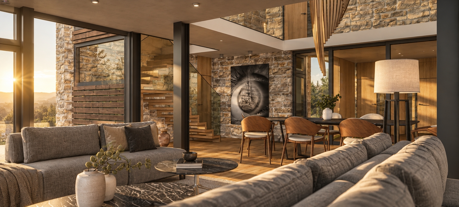 A crisp architectural photograph of the modern open-concept living and dining interior, illuminated by low-angle golden sunrise light pouring through the expansive floor-to-ceiling windows. The early morning sun casts long, soft shadows across the warm hardwood floors, highlighting the woven texture of the grey sectional sofa, the polished grain of the marble coffee table, and the organic relief of the rustic stone accent wall. Authentic material finishes—from the smooth glass railings and matte black structural columns to the warm bentwood dining chairs—are rendered with natural micro-textures and realistic reflections. Captured on a professional tilt-shift lens, the scene features balanced dynamic range, gentle atmospheric haze, and soft ambient warm tones without altering the existing layout, furniture, or camera perspective.