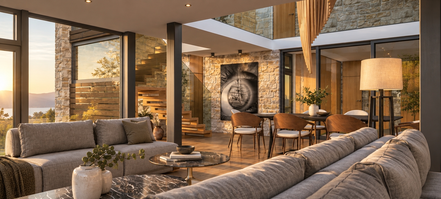 A photorealistic architectural photograph of the modern open-plan interior captured during a clear sunrise. Warm, low-raking golden sunlight streams through the expansive floor-to-ceiling windows, casting elongated soft shadows across the rich hardwood floors and textured grey fabric sofa. The rustic sandstone accent wall catches the early morning light, highlighting its tactile relief behind the dining set and canvas artwork. Soft, cool dawn skylight fills the recessed mezzanine and ambient spaces, balancing the warm sunbeams. Every surface displays realistic material physics, from veined marble coffee tables and matte wooden chair frames to subtle reflections in the glass railings, captured on a wide-angle architectural tilt-shift lens.