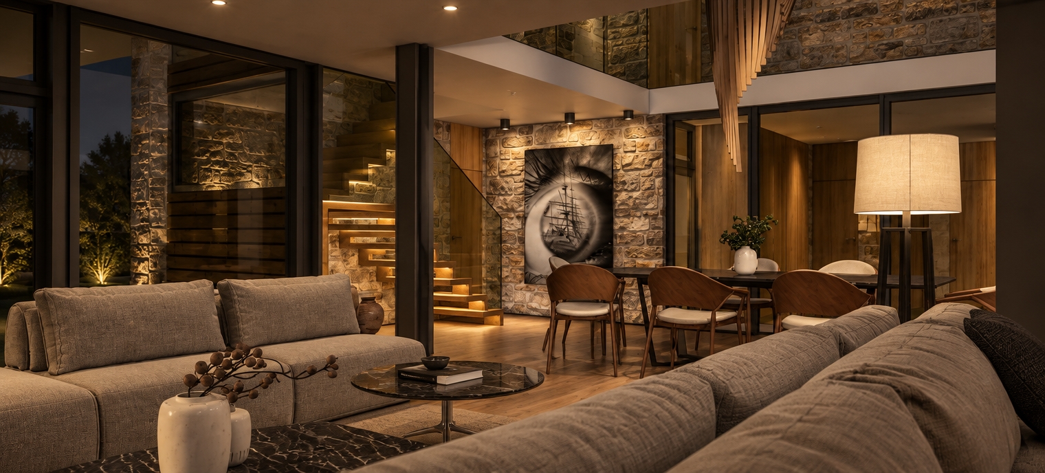 A photorealistic nighttime architectural photograph preserving the exact room layout, furniture placement, and camera perspective. The interior is bathed in warm artificial lighting, featuring glowing illumination from the modern floor lamp, soft recessed ceiling downlights casting gentle highlights across the textured stone accent wall and artwork, and delicate downlight on the dining table. Outside the expansive floor-to-ceiling glass, deep night prevails with faint ambient garden reflections on the panes. The scene showcases realistic material finishes: rich woven fabric textures on the sofas, polished dark veined marble on the coffee tables, warm natural grain on the wooden chairs and staircase, and authentic depth in the masonry, rendered with balanced exposure, natural shadows, and subtle photographic grain.