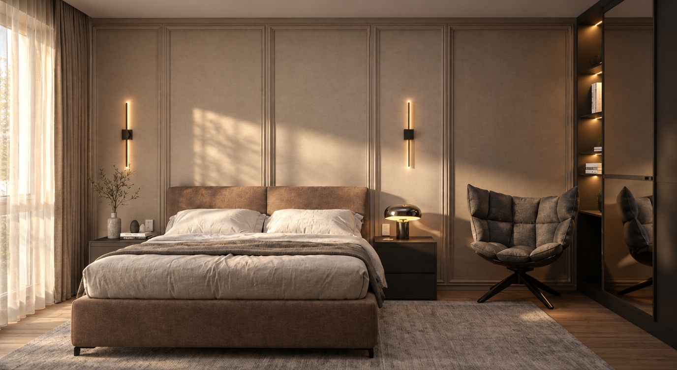 A clean, eye-level interior photograph of the modern bedroom, captured with a 35mm lens at f/4 to preserve the precise framing, layout, and composition. Soft, natural morning sunlight filters through the sheer curtains on the left, casting organic light beams and gentle shadows across the molded wall panels and the linen bedding. The warm glow from the slender wall sconces and integrated shelf lighting creates subtle ambient contrast with a realistic 3200K color balance. The scene features authentic physical textures: natural weave and faint wrinkles on the bed fabrics, micro-reflections on the glossy table lamp, smooth tactile matte finishes on the cabinetry, and deep shadows beneath the modern armchair. The image exhibits subtle photographic realism with delicate sensor grain, mild peripheral vignetting, and lifelike depth of field.