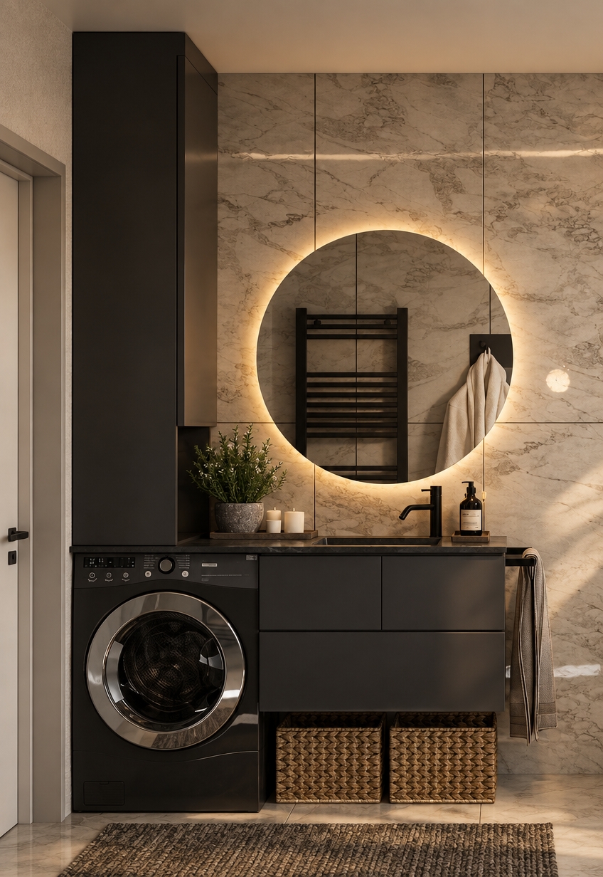 A crisp interior architectural photograph of the identical bathroom vanity and laundry station, shot on a 50mm lens at f/4 with perfectly preserved composition and geometry. The warm ambient glow from the backlit circular mirror softly illuminates the textured marble wall tiles, casting natural gradient shadows across the dark cabinetry. Surfaces feature realistic physical properties, including a subtle matte sheen on the dark laminate, true-to-life reflections in the glass mirror, crisp woven fibers on the floor baskets, and delicate specular highlights on the black faucet and washing machine trim. The final image incorporates soft depth of field, natural lighting balance, faint lens vignetting, and fine photographic grain to achieve authentic realism.