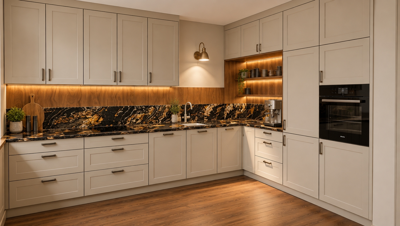 Photorealistic interior photograph capturing the exact kitchen layout, featuring framed shaker-style cabinet doors finished in a soft, matte broken beige. The countertops and lower backsplash are clad in glossy, polished Magma Gold granite with dramatic black, amber, and gold veining catching subtle specular highlights. Warm under-cabinet LED strips cast an even, diffuse glow across the stone worktops, complemented by an integrated hidden LED strip softly illuminating the warm wood-paneled coffee niche and espresso machine. The flooring features wood-look planks perfectly matching the warm, vertical grain timber paneling on the upper splashback. Shot on a wide-angle architectural tilt-shift lens at eye level, the scene is rendered with balanced ambient indoor lighting, natural soft shadows, subtle surface reflections on the built-in black oven and chrome faucet, and realistic micro-textures on painted wood and polished stone surfaces.