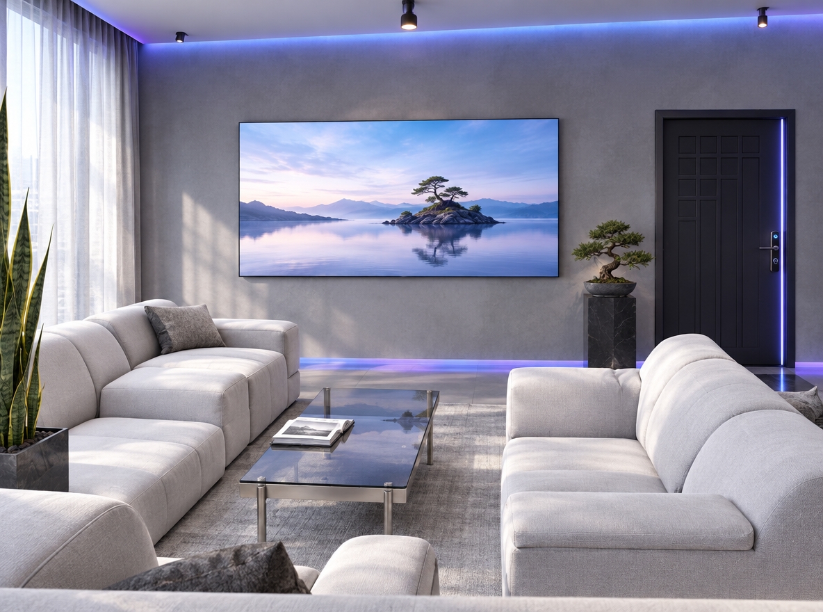 An incredibly lifelike, richly detailed, photorealistic wide-angle interior view of a reimagined digital Zen living room set in a sophisticated urban sanctuary during a bright summer midday. The scene is illuminated by crisp, diffused midday sun softened through sheer smart-tinted sheer panels, accented by soft, concealed ice-blue and neon-violet ambient glow recessed along the floating ceiling and baseboards, creating a tranquil yet innovative futuristic atmosphere. Captured with a 24mm architectural wide-angle lens, emphasizing the ultra-smooth cool gray microcement walls, brushed titanium accents, and reflective smoked-glass surfaces. Replacing the worn, bulky seating is a low-profile, streamlined modular sofa upholstered in pale mist fabric, centered around a sleek metal-and-tempered-glass coffee table that holds only an open, minimalist photography book. The once-bare main wall is crowned by an ultra-thin digital canvas displaying a living, tranquil Zen landscape, while the entryway features a flush matte-black smart door with subtle edge illumination. Sculptural indoor flora, including a manicured Japanese bonsai and architectural snake plants, harmonize with the clutter-free, high-tech aesthetic, forging an effortless balance between organic tranquility and modern cyberpunk sophistication.