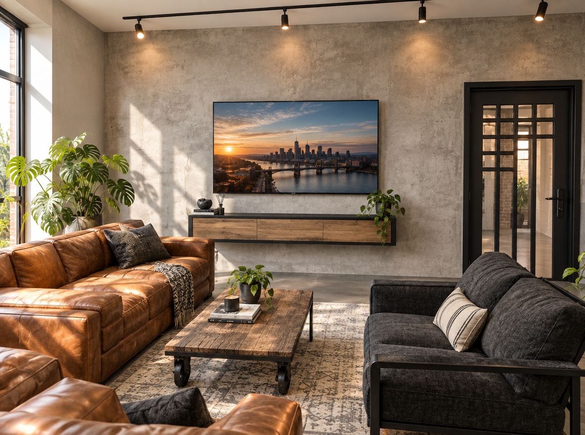 An incredibly lifelike, richly detailed, photorealistic wide-angle interior shot of a transformed living room set in an airy, open-concept industrial loft. The scene is illuminated by crisp, bright midday summer sunlight streaming in from the left, paired with the warm, ambient glow of exposed Edison bulb pendants, creating a bright, energetic, and stylishly urban atmosphere. Captured with a 24mm architectural lens, emphasizing the tactile contrast between distressed textures and sleek metallic finishes. 

The outdated seating has been replaced with a tailored cognac-brown top-grain leather sofa and an accompanying matte black steel-framed armchair upholstered in textured charcoal linen, centered around a reclaimed factory-timber coffee table with industrial iron casters. The bare main wall is reimagined as a distressed light-gray concrete plaster feature wall, showcasing a flush wall-mounted ultra-thin 4K television above a slim, floating media console of black metal and wire-brushed oak. Overhead, a black directional track lighting system cleanly replaces the bare wire bulb, while the floor is upgraded to polished seamless micro-cement anchored by a neutral, faded geometric flat-weave rug. Modern black-framed glass detailing on the doorway and vibrant potted monstera plants in the corner complete the elevated, functional loft aesthetic.
