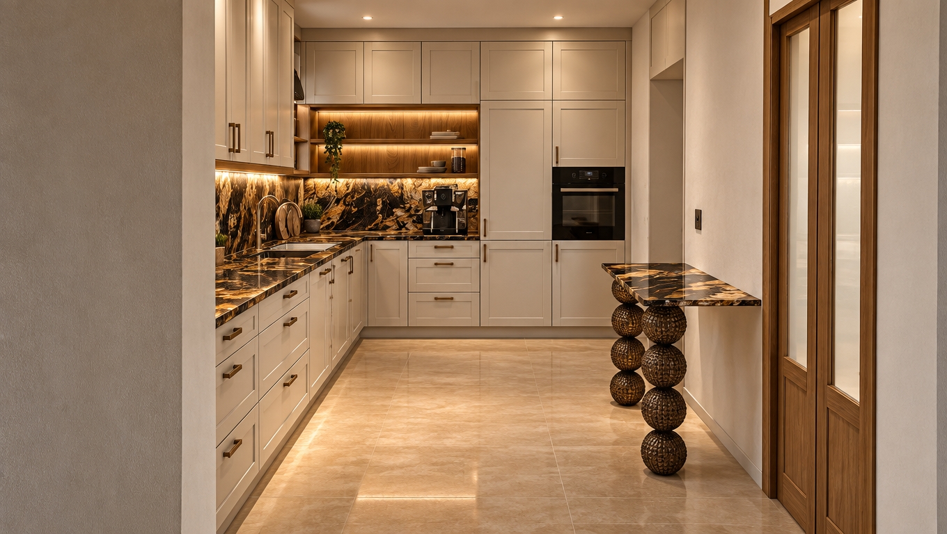 A professional architectural photograph of the kitchen matching the exact perspective, featuring elegant light beige framed cabinet doors and polished Magma Gold granite countertops and backsplashes with dramatic swirling veins. Integrated warm 3000K LED strip lighting glows beneath the upper cabinets and illuminates the wooden niche above the espresso machine, casting soft specular highlights across the polished stone and bringing out the natural warmth of the wood paneling. The walls are finished in smooth matte plaster, the appliances display realistic glossy glass and brushed metal reflections, and balanced ambient light fills the space with natural depth, captured with sharp focus on a full-frame 24mm tilt-shift lens showing subtle textures and photographic realism throughout.